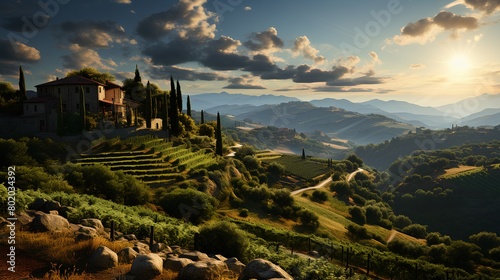 Green fertile fields of Italy. Rich villas and vineyards. #802034392