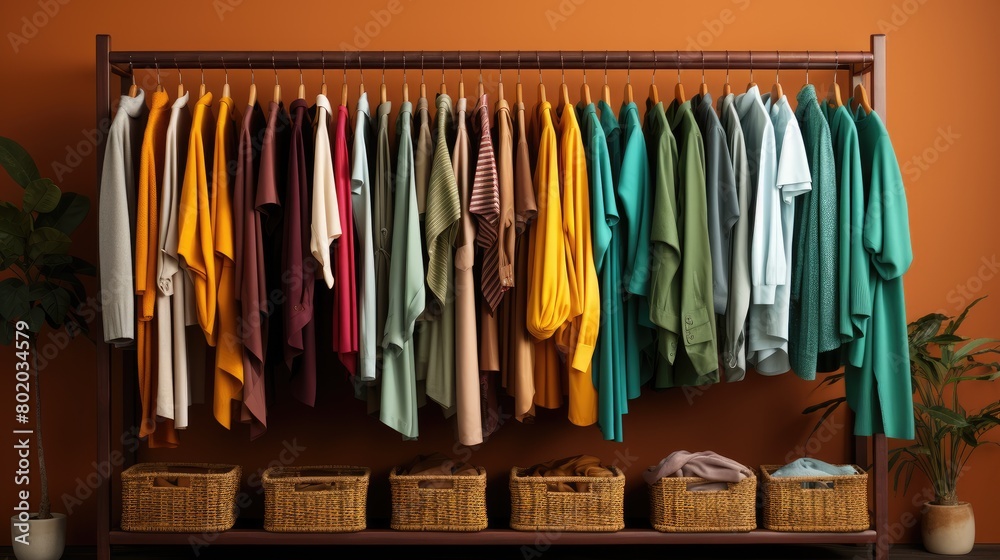 Colorful bright clothes hanging on hangers.