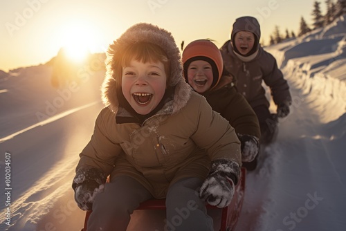 Kids sliding down a snowy hill on sleds. photo