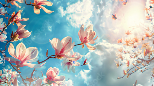 Beautiful spring collage with magnolia flowers and blu