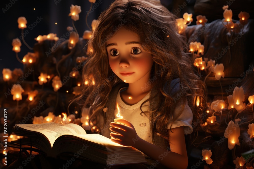 Cartoon girl holding an open book surrounded by candle lights. She has long curly hair and is wearing a white shirt. The room is dark and she appears to be reading by candlelight.