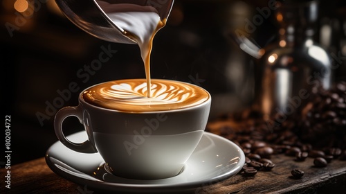Male barista pours cappuccino into a white ceramic cup.