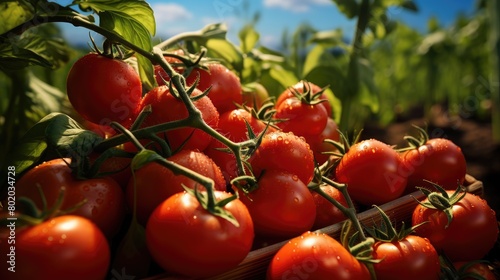 Juicy red ripe tomatoes against the background of a field. Appetizing fresh vegetables. Source of vitamins and microelements. Happy harvest theme.