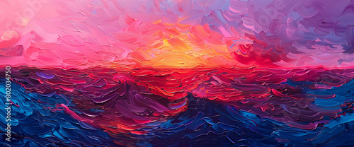Cascading waves of fuchsia and tangerine flow across a canvas of midnight blue, capturing the essence of a vibrant sunset.