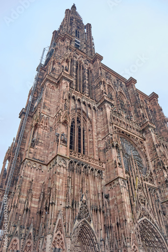 France, Alsace, Strasbourg: View of Notre Dame cathedral with frame houses
