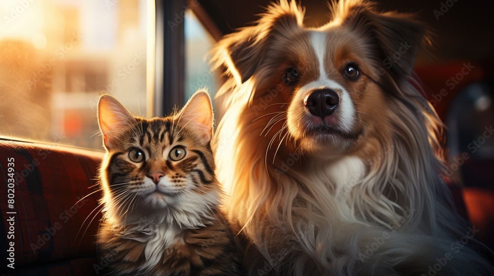 A young fluffy beautiful cute cat sits next to a friendly dog. The theme of friendship between beloved pets.