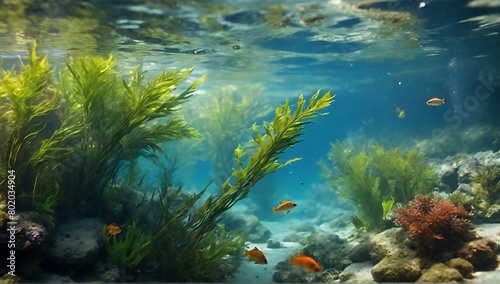 beautiful underwater scenery with green plants growing abundantly and fish swimming