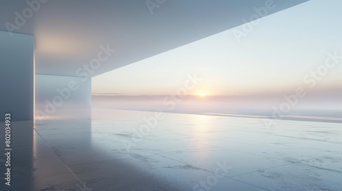 A large  empty room with a view of the ocean and a sunset