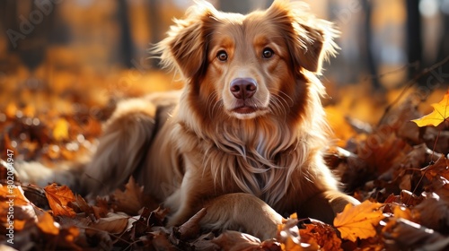 An adorable dog sits calmly in a field full of bright orange autumn leaves. photo