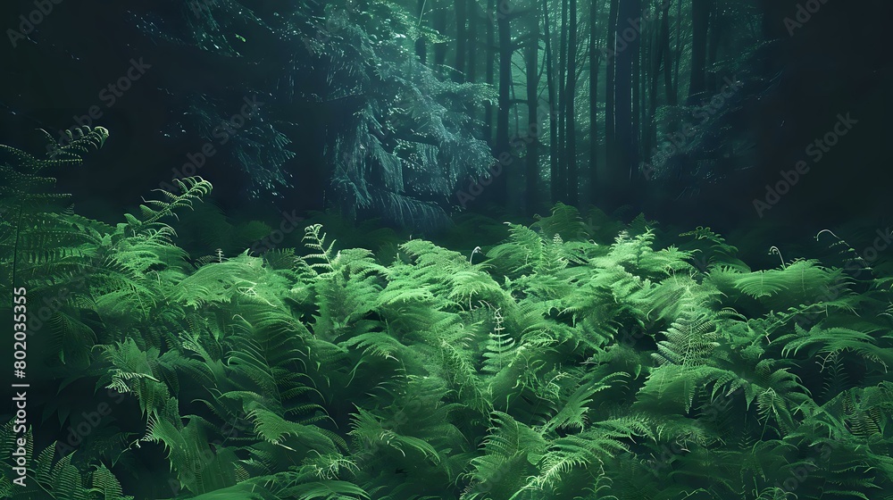Forest Ferns Midsummer Night Scene - Green Foliage in Natural Setting Forest Ferns Midsummer Night Scene - Green Foliage in Natural Setting