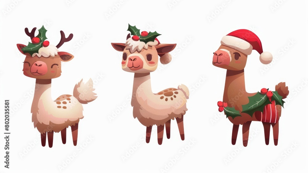 A cute llama character with New Year decorations isolated on a white background. A modern cartoon set of alpacas with holly leaves, reindeer horns, and red Santa hats. A vicuna dressed as a nativity