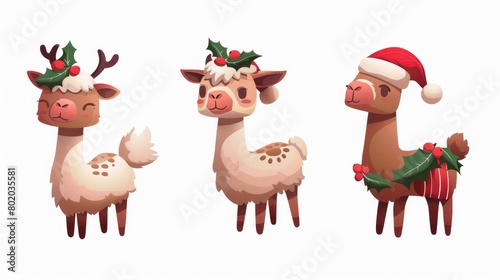 A cute llama character with New Year decorations isolated on a white background. A modern cartoon set of alpacas with holly leaves  reindeer horns  and red Santa hats. A vicuna dressed as a nativity