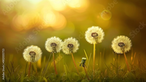 A field of dandelions with a few brown flowers