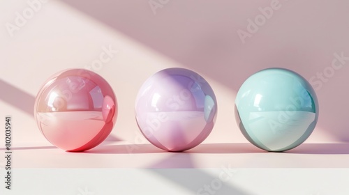 Three different colored eggs of red  blue  and green sitting next to each other  pastel colors. Background. Wallpaper.