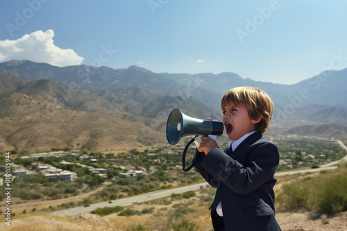 Confident Young Boy in Suit Shouting into Megaphone. The scene conveys a sense of authority and assertiveness despite the boy's young age. Generative AI