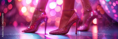 Close-up of female legs in high heels. Pink fashionable glitter shoes at party photo
