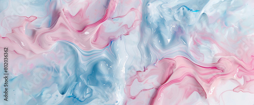 Graceful tendrils of pastel pink and gentle blue merging together on a white canvas, forming abstract patterns that evoke a sense of serenity with a mesmerizing ink marble design.