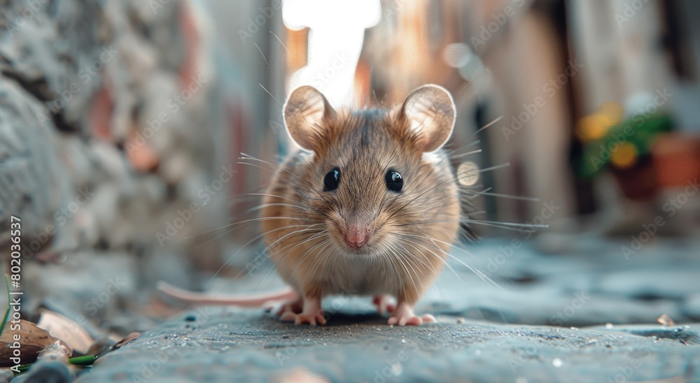 A small gray mouse on the city streets during the day. The problem of dirt and unsanitary conditions in the metropolis A small gray mouse on the city streets during the day. The problem of dirt and unsanitary conditions in the metropolis