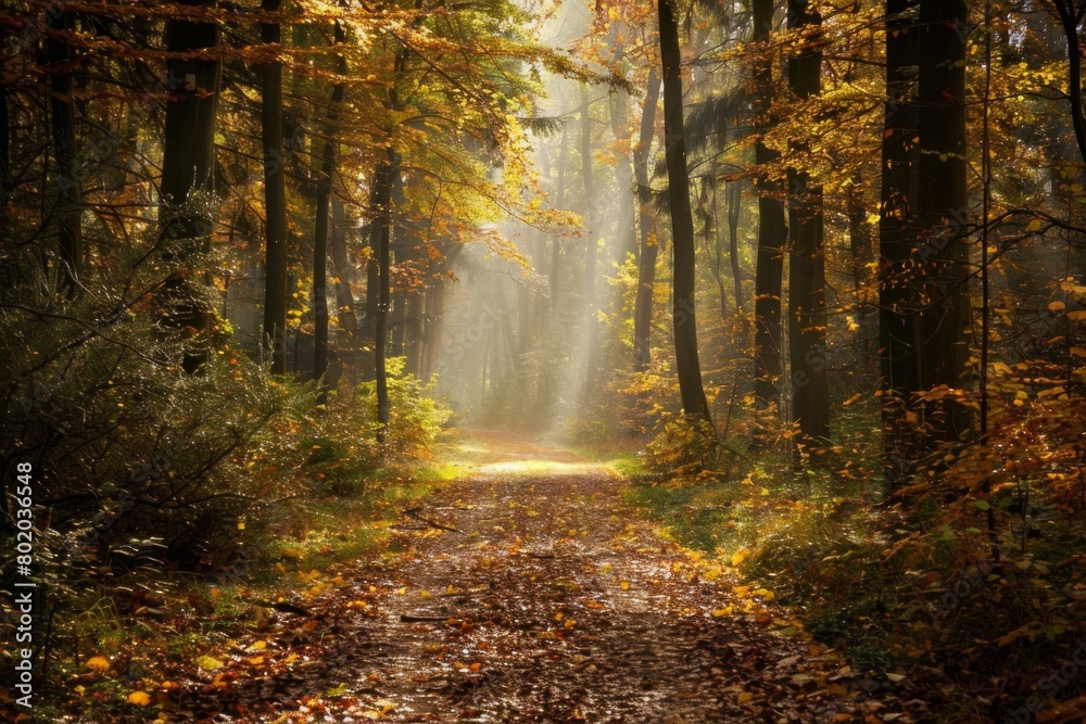 Fototapeta premium Sunlight Filtering Through Autumn Forest Path