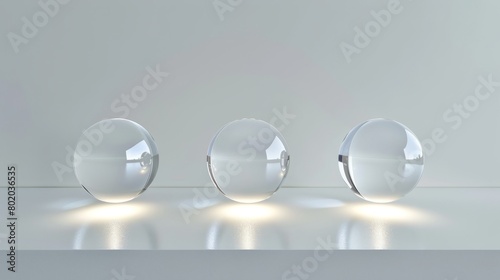 A group of three glass balls placed on top of a minimalist table. Background. Wallpaper. Copy space.