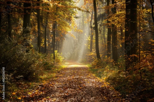 Sunlight Filtering Through Autumn Forest Path