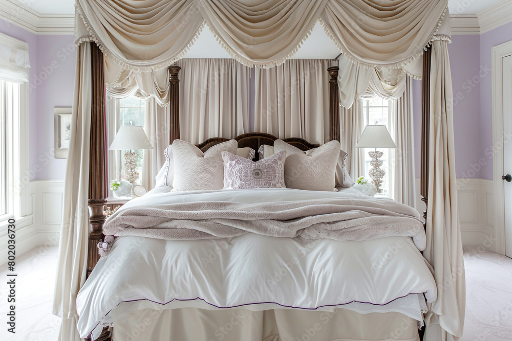 Perspective from a grand bed's foot in a master room with ivory drapes and pale purple walls. Perspective from a grand bed's foot in a master room with ivory drapes and pale purple walls.