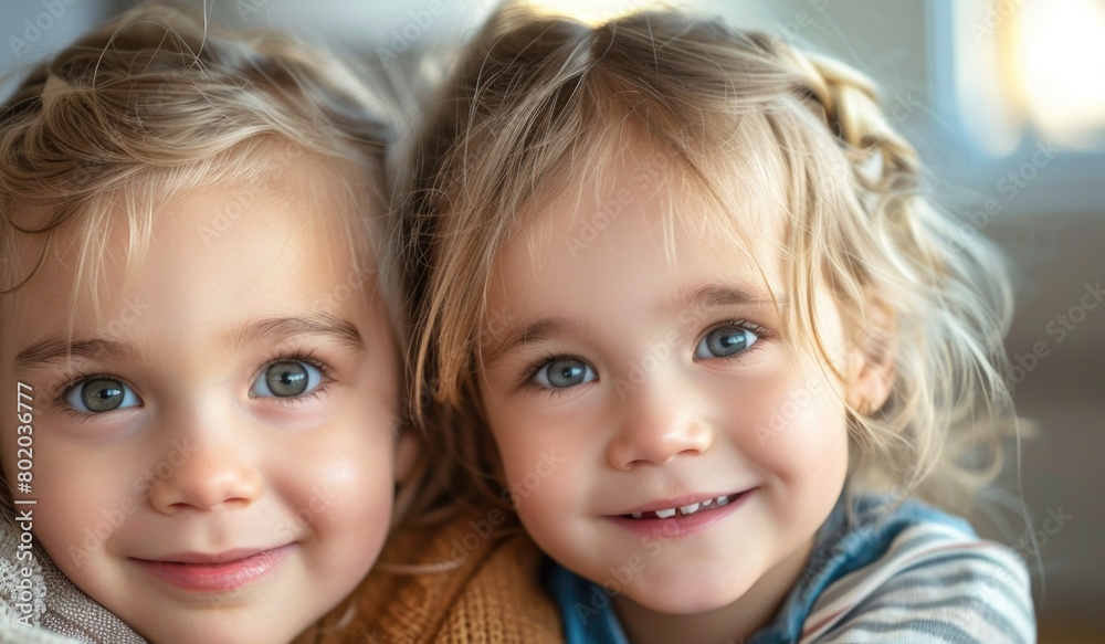 Two girls, young in age, standing side by side, looking towards the camera. Two girls, young in age, standing side by side, looking towards the camera.
