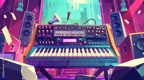 Invitation to a musical festival, concert event. Modern landing page with cartoon illustration of synthesizer keyboard, loudspeakers, and microphones