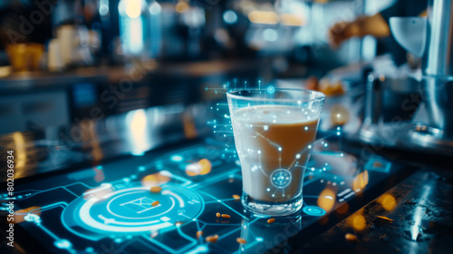 A glass of beer sits on a smart bar's glowing digital interface, showcasing the integration of technology in beverage service. Futuristic Smart Bar with Digital Drink Interface

