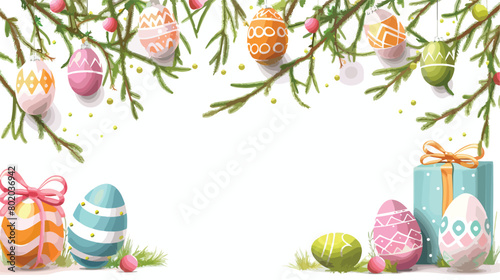 Easter eggs willow branches and gift on white backgro photo
