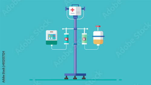 An intricately designed IV stand with integrated medication infusion pumps designed to provide precise and consistent delivery of ketamine for.