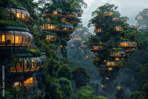 Futuristic, multi-level eco-structures blending into lush forest like treehouses, AI-generated. © Wirestock