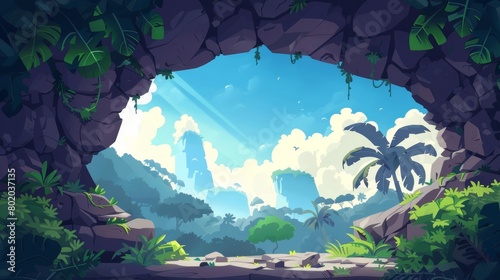 A cave in a jungle forest with mountains in the background