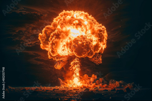 Atomic bomb explosion at night, dark sky with billowing orange smoke, AI-generated.