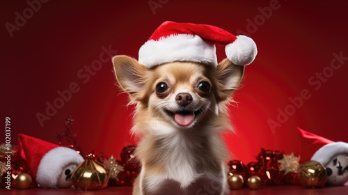 Small chihuahua dog wearing santa hat