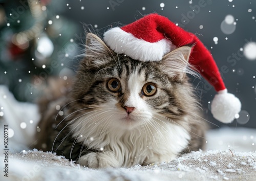 Grey and white cat wearing santa hat
