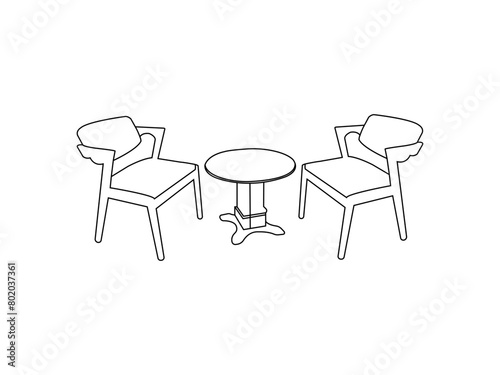 Chairs and Table icon. Two chairs and table outline design. Round table and chairs line art.