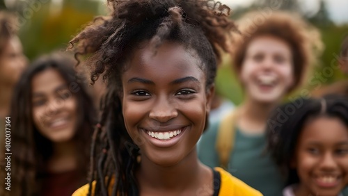 Portrait of smiling African teenage girl with diverse group of friends . Concept Portrait Photography, African Teenage Girl, Diverse Friends, Smiling, Group Portrait © Anastasiia