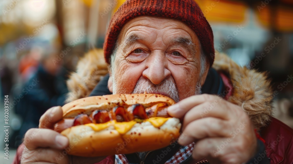 Man eating hot dog with mustard and ketchup Man eating hot dog with mustard and ketchup