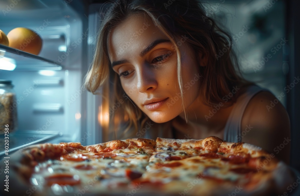 Young girl looking at pizza