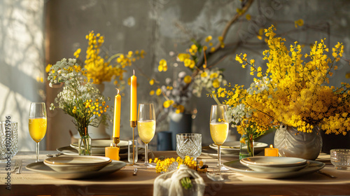 Beautiful table setting with mimosa flowers and candle photo