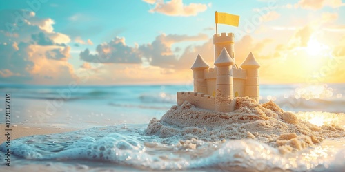 Sand castle with yellow flag photo