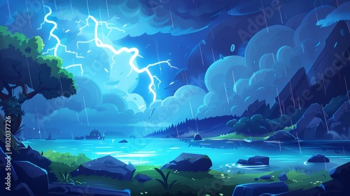 Rocks and river shores in a thunderstorm landscape photo