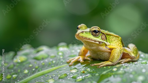 Frog sitting on top of a green leaf