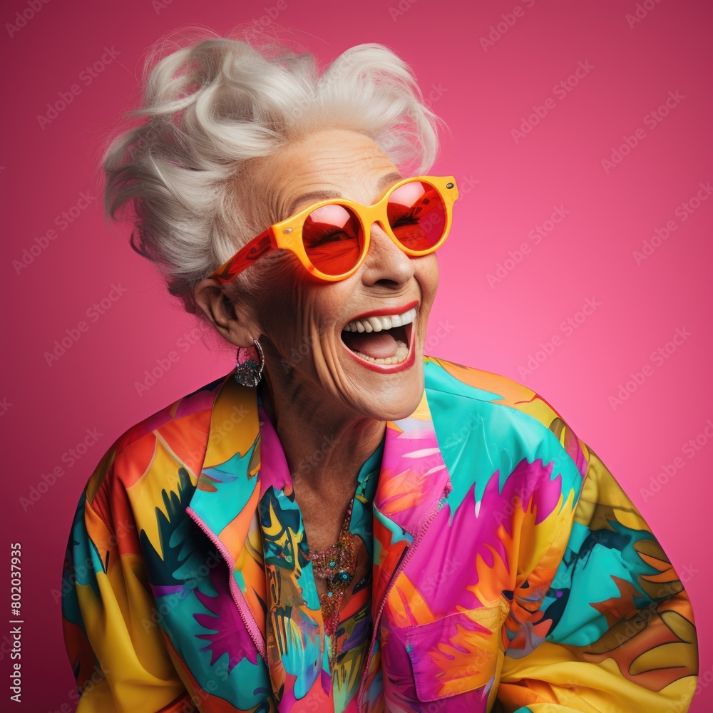Stylish older woman in rainbow jacket and sunglasses Stylish older woman in rainbow jacket and sunglasses