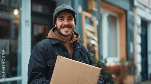Man holding a box in front of building © Boomanoid