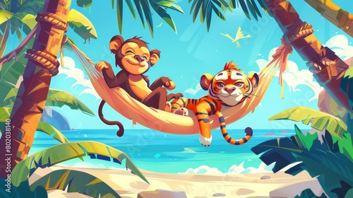Animal cartoon posters with monkeys and tigers, predators and herbivores on tropical seaside, cute ape playing in hammock, modern illustration of islanders. © Mark