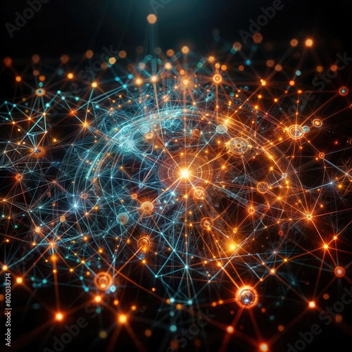 Futuristic Network Glowing Orange and Blue Lines on Dark Background