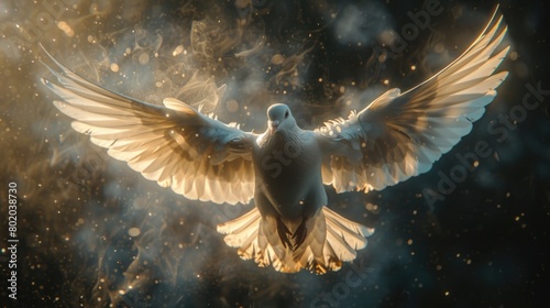 White bird dove flying on light background photo