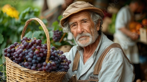 An elderly man stands holding a basket filled with ripe grapes in a vineyard.